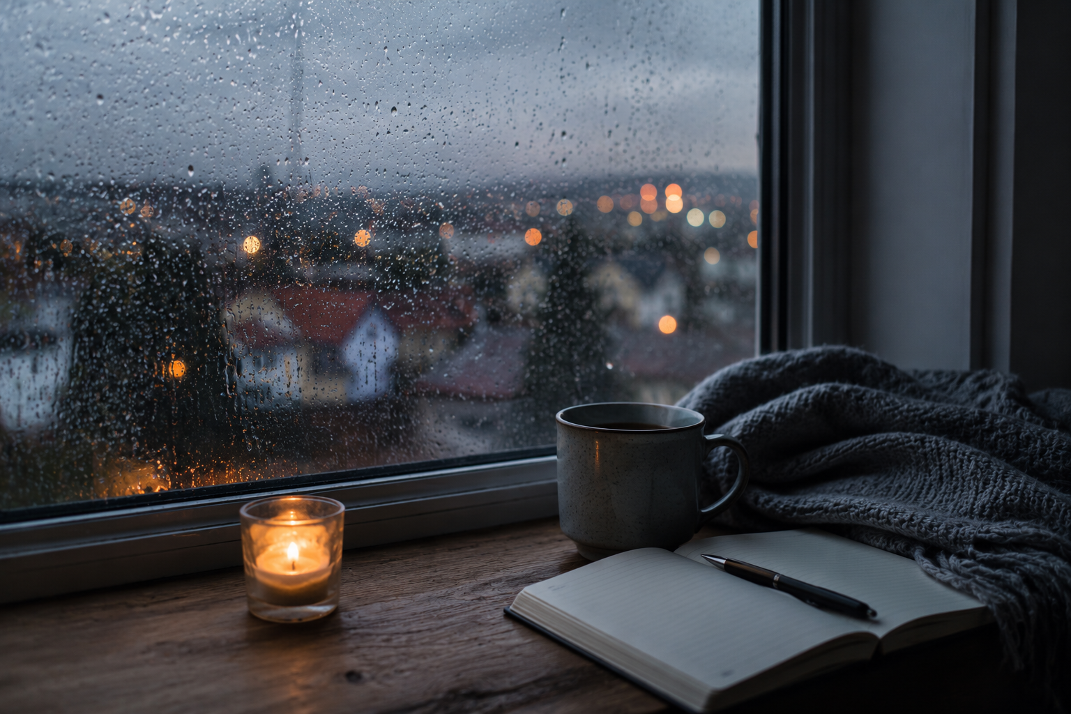 Rainy window and quiet environment representing emotional pause and mental rest