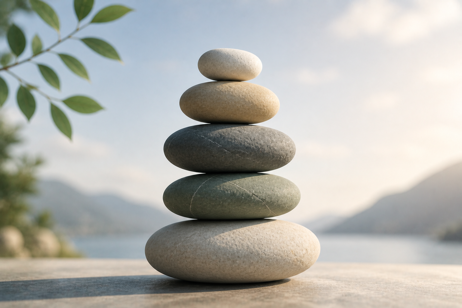 Calm balanced stones representing mental clarity and focus recovery