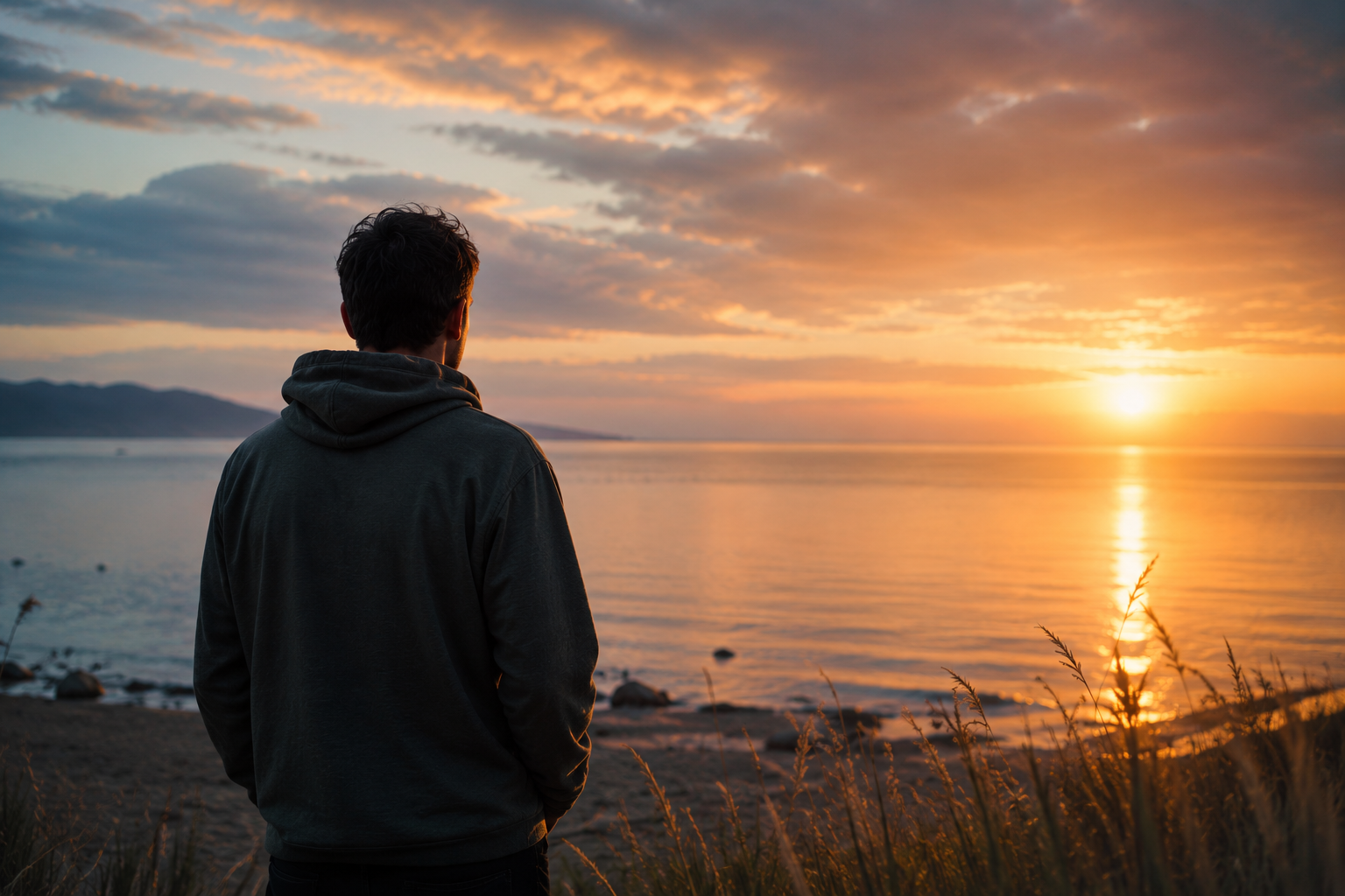 Person quietly observing the horizon while trying to recover emotional balance
