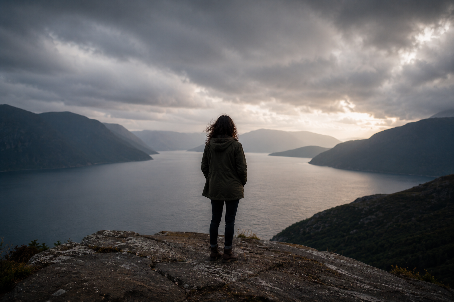 Person alone observing a wide landscape during emotional reflection and mental exhaustion