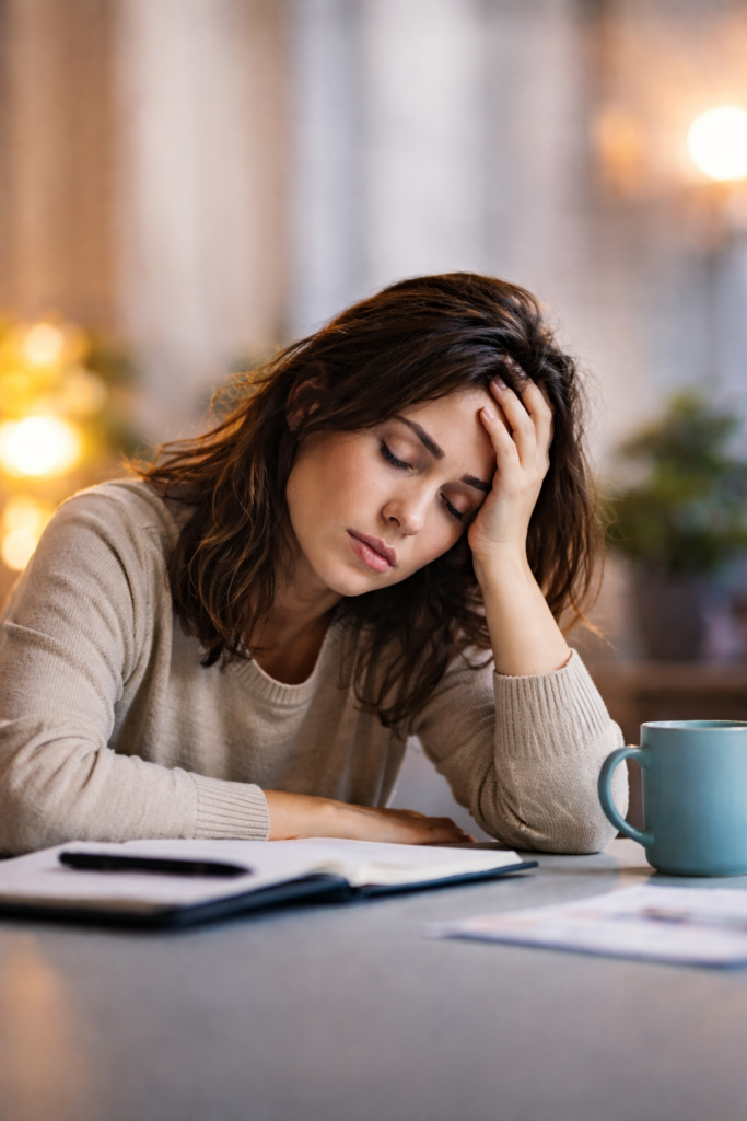 mentally exhausted woman feeling overwhelmed and tired