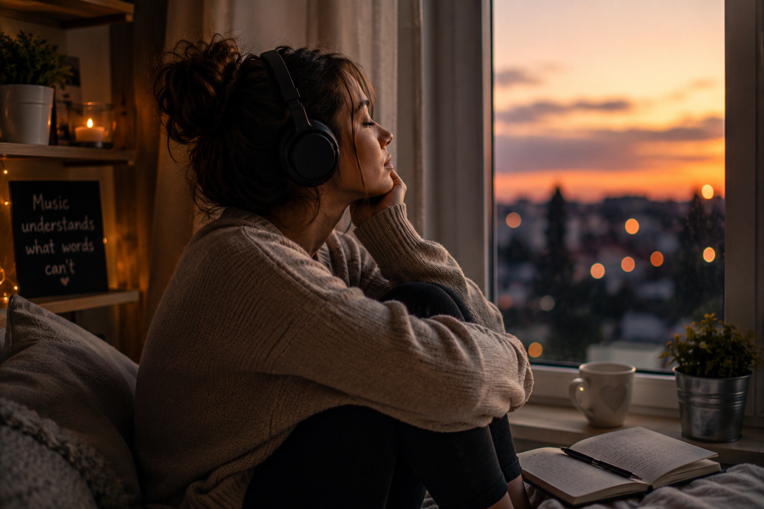 Woman listening to music by the window during a calm sunset moment