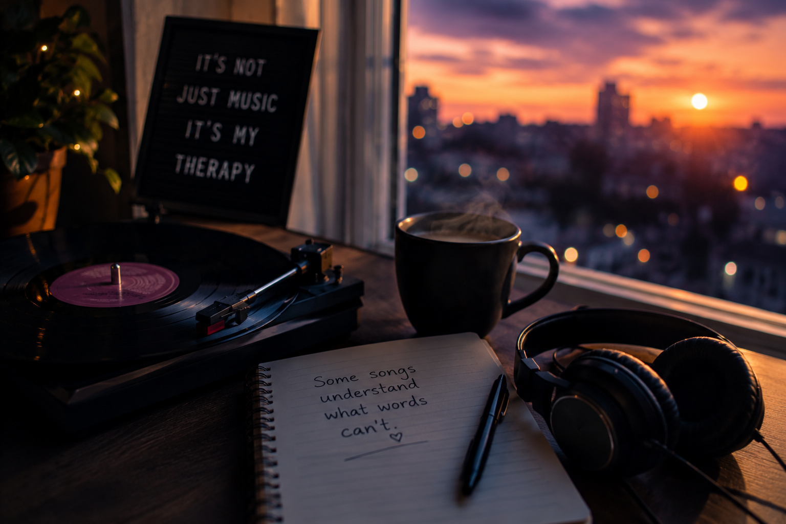 Vinyl record, headphones and journal representing music as emotional comfort