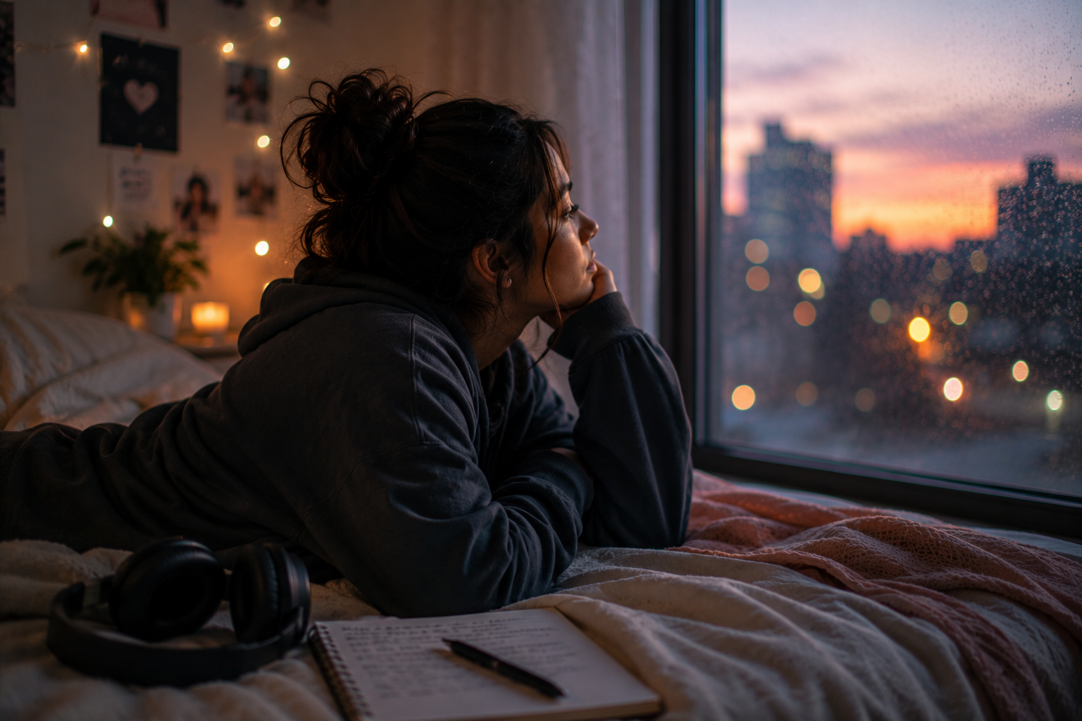 Woman listening to music by a rainy window during an emotionally quiet moment